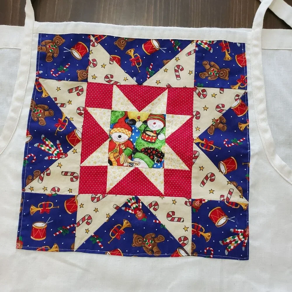 Bib Apron Quilted Pieced Christmas Snowman Pocket Blue Red Cream Muslin 29x 21.5
